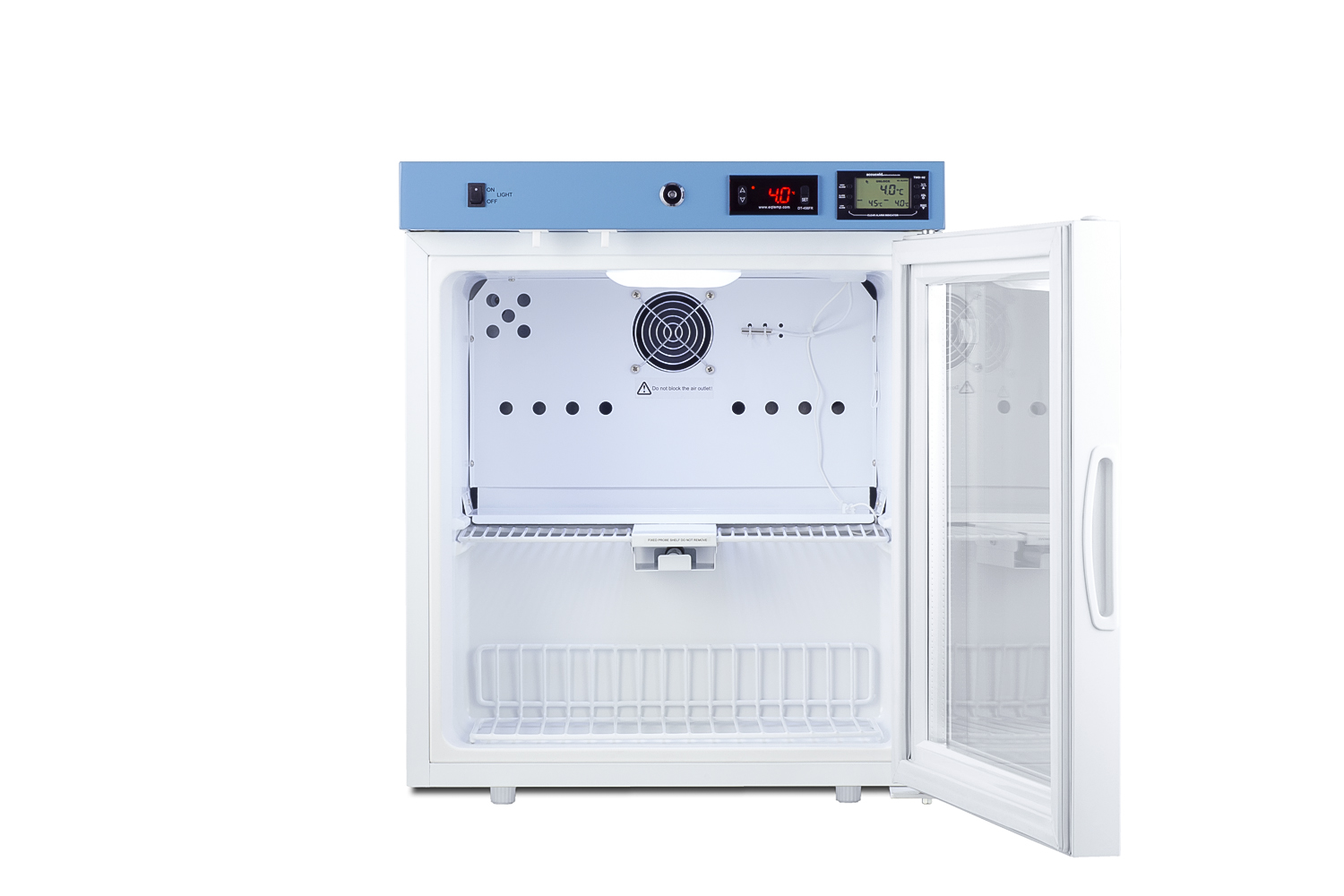 Compact healthcare all-refrigerator with self-closing glass door, front lock, digital controls, and external temperature readout